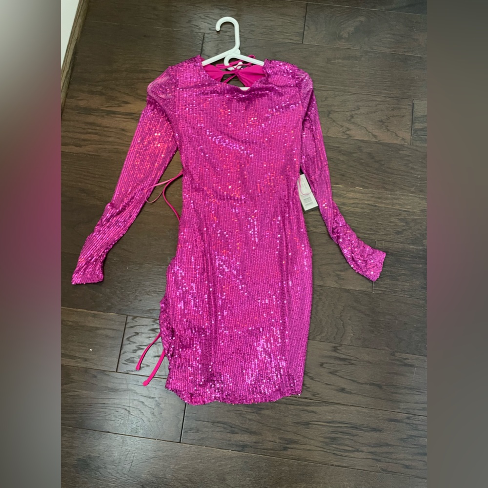 bebe Hot Pink Sequin Long Sleeve Dress
